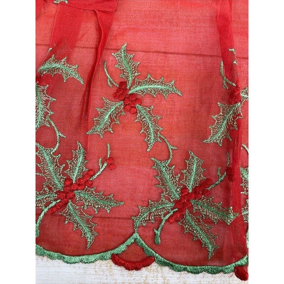 VTG 1960s Christmas Apron Sheer Red Organza Green / Red Embroidered Holly Pocket - Picture 2 of 8